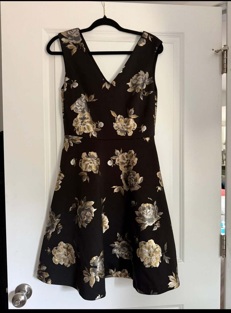 White House Black Market Metallic Gold Floral Fit and Flare Dress